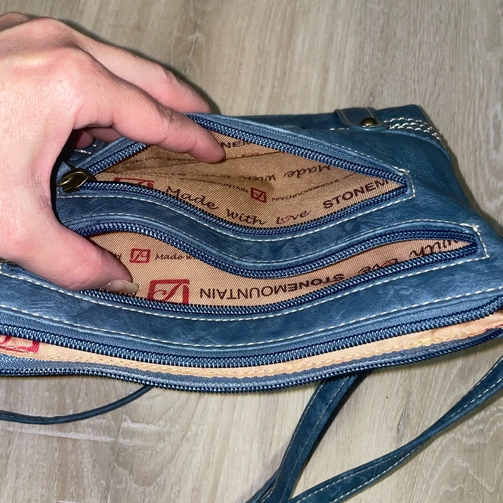 Stone Mountain Blue Jean Denim Look Crossbody Wristlet Bag - Picture 9 of 14